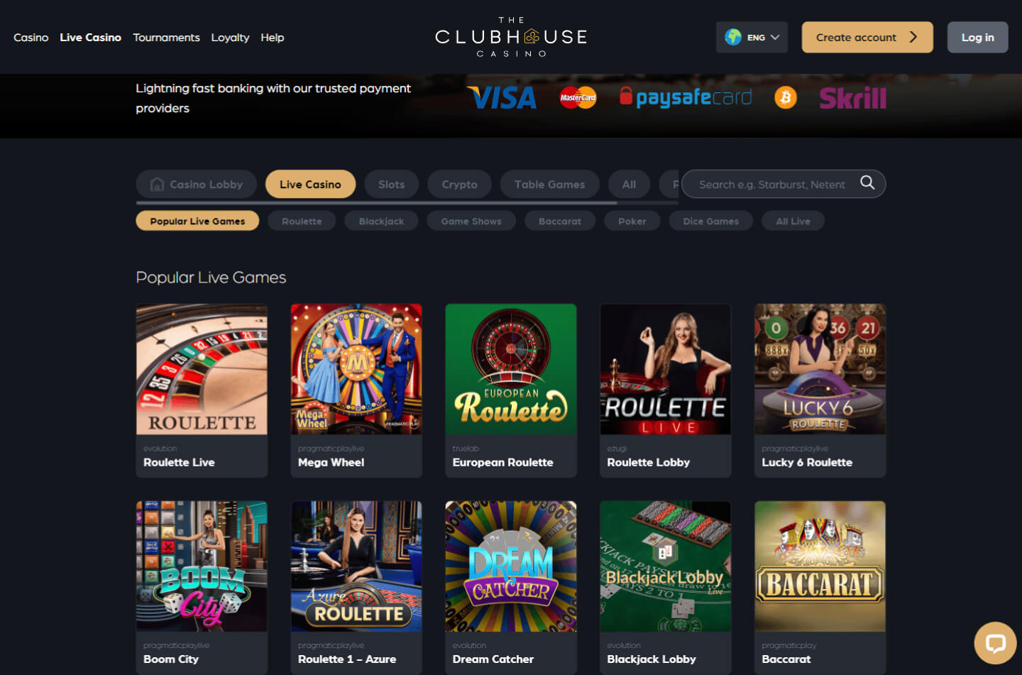 The Clubhouse Casino — Homepage lobby